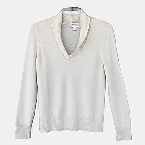 Charter Club 2-PLY Cashmere Shawl Neck Long Sleeve Light Ivory Top M